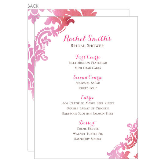 Pink Watercolor Damask Menu Cards